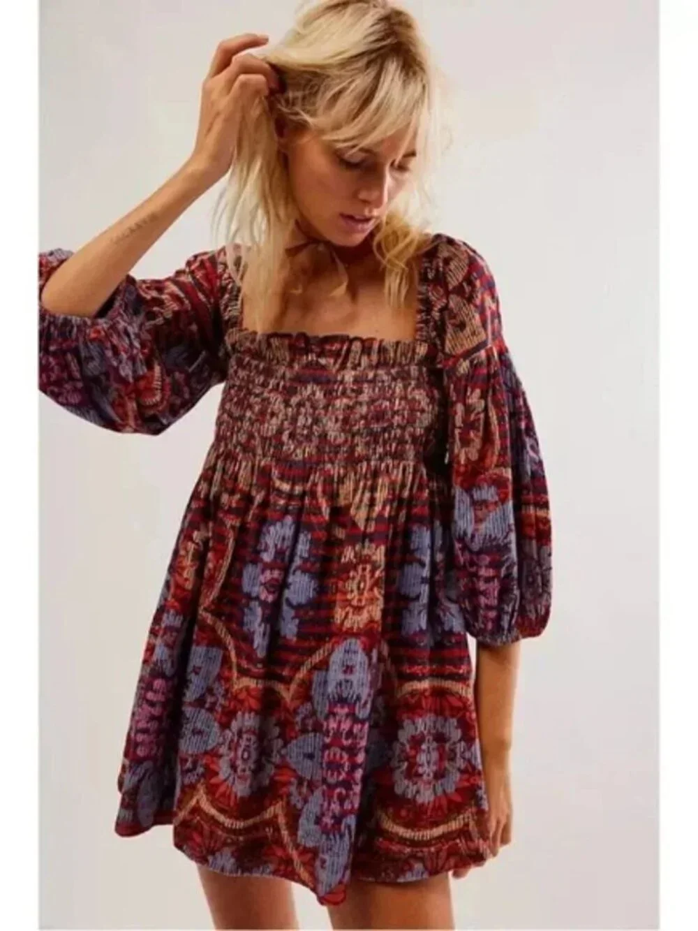 Free People Clara Corduroy Mini Dress XS Red Blue Floral Smocked Babydoll Boho